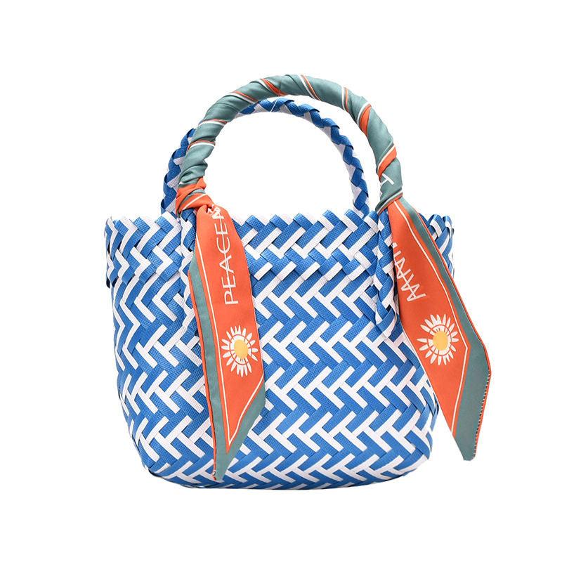 Striped Block Mini Straw Beach Bag Top Handle Handbag