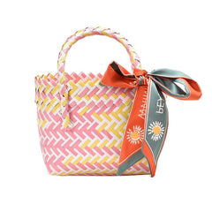 Striped Block Mini Straw Beach Bag Top Handle Handbag