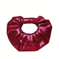 Sequin Decor Pleated Round Handbag Glitter Ruched Purse