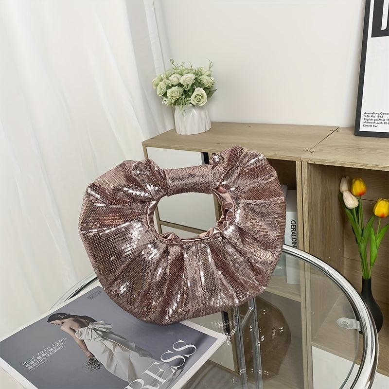 Sequin Decor Pleated Round Handbag Glitter Ruched Purse