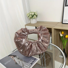 Sequin Decor Pleated Round Handbag Glitter Ruched Purse