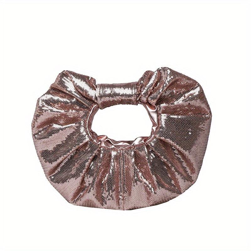 Sequin Decor Pleated Round Handbag Glitter Ruched Purse