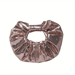 Sequin Decor Pleated Round Handbag Glitter Ruched Purse