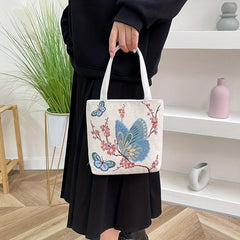Butterfly Embroidery Tote Bag Fabric Shoulder Bag Lightweight Storage Bag