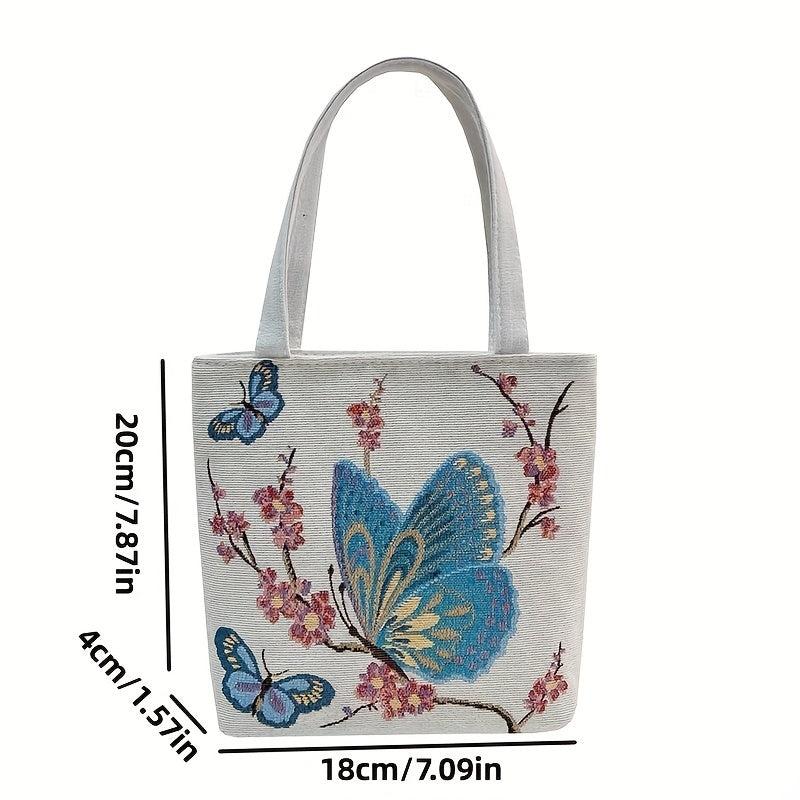 Butterfly Embroidery Tote Bag Fabric Shoulder Bag Lightweight Storage Bag