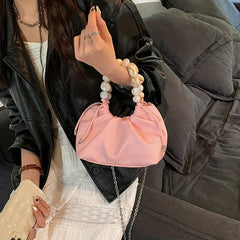 Stylish Chain Bag for Women Niche Ruched Shoulder Satchel with Bead Handles