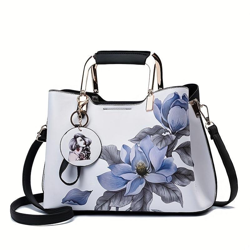 Rose Flower Print Handbag Women Satchel Purse Vegan Leather Crossbody Bag