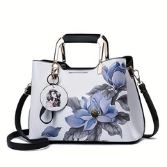 Rose Flower Print Handbag Women Satchel Purse Vegan Leather Crossbody Bag