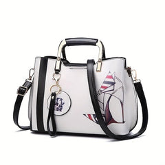 Rose Flower Print Handbag Women Satchel Purse Vegan Leather Crossbody Bag