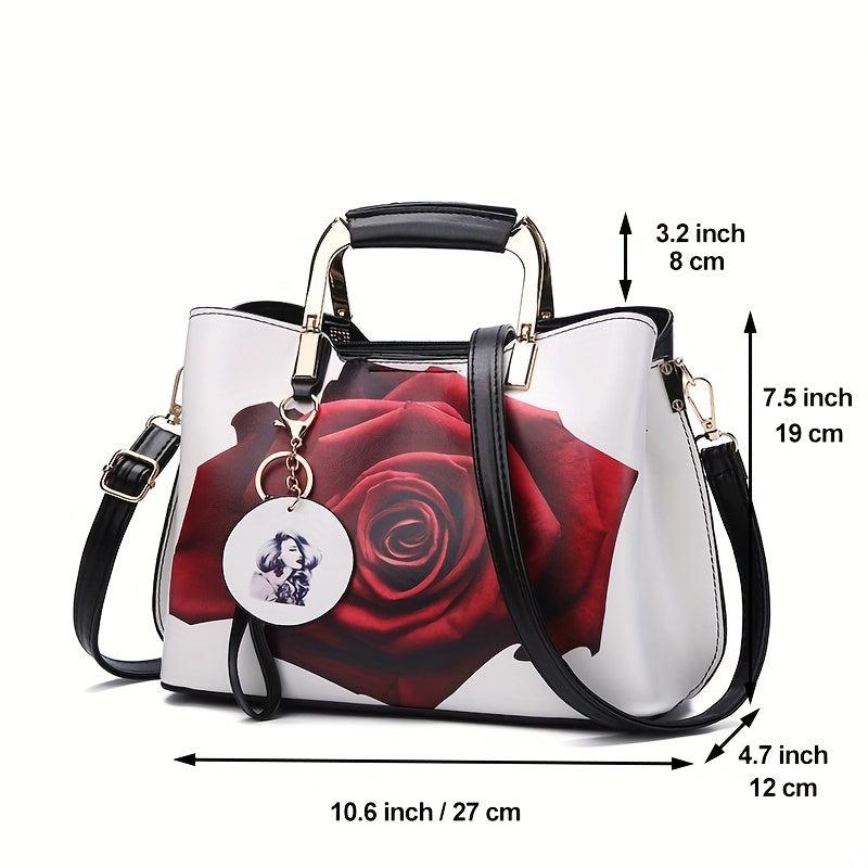 Rose Flower Print Handbag Women Satchel Purse Vegan Leather Crossbody Bag