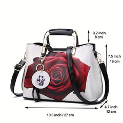 Rose Flower Print Handbag Women Satchel Purse Vegan Leather Crossbody Bag