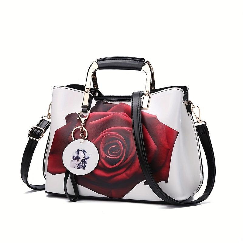 Rose Flower Print Handbag Women Satchel Purse Vegan Leather Crossbody Bag