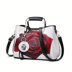 Rose Flower Print Handbag Women Satchel Purse Vegan Leather Crossbody Bag