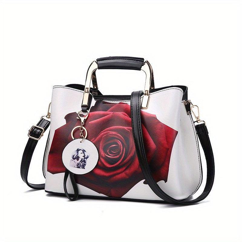 Rose Flower Print Handbag Women Satchel Purse Vegan Leather Crossbody Bag