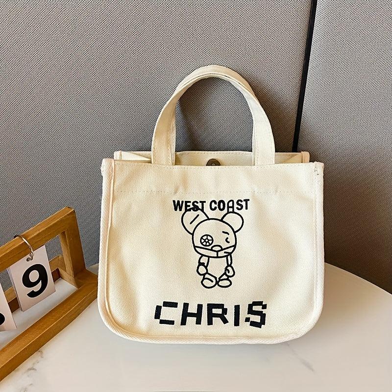 Letter & Cartoon Bear Pattern Canvas Bag Solid Satchel Bag