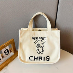 Letter & Cartoon Bear Pattern Canvas Bag Solid Satchel Bag