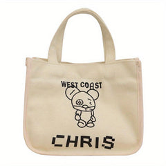 Letter & Cartoon Bear Pattern Canvas Bag Solid Satchel Bag