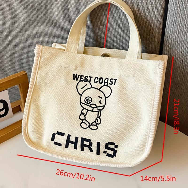 Letter & Cartoon Bear Pattern Canvas Bag Solid Satchel Bag