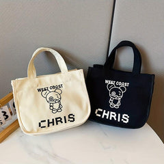 Letter & Cartoon Bear Pattern Canvas Bag Solid Satchel Bag