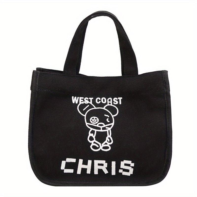 Letter & Cartoon Bear Pattern Canvas Bag Solid Satchel Bag