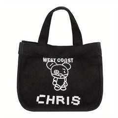 Letter & Cartoon Bear Pattern Canvas Bag Solid Satchel Bag