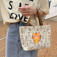 Small Cartoon Animals Printed Canvas Tote Bag Lightweight Handbag