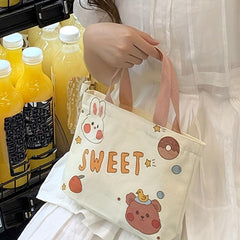 Small Cartoon Animals Printed Canvas Tote Bag Lightweight Handbag