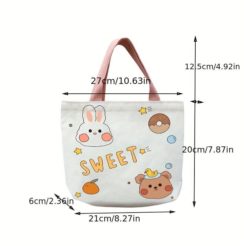 Small Cartoon Animals Printed Canvas Tote Bag Lightweight Handbag