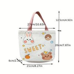 Small Cartoon Animals Printed Canvas Tote Bag Lightweight Handbag