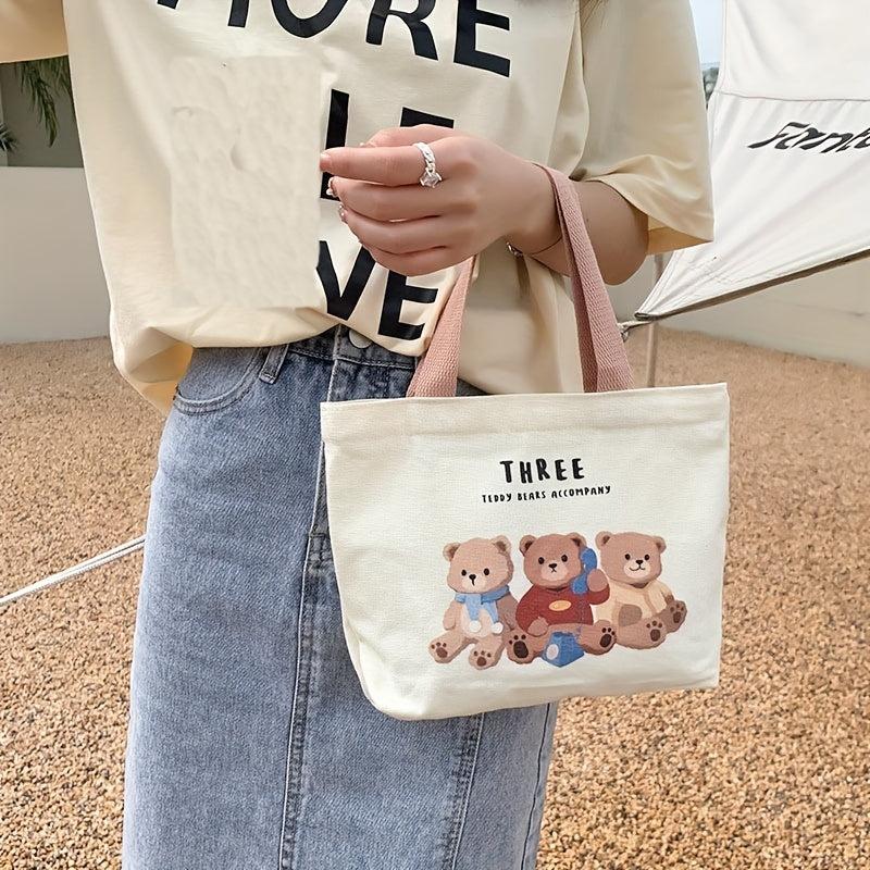 Small Cartoon Animals Printed Canvas Tote Bag Lightweight Handbag