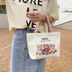 Small Cartoon Animals Printed Canvas Tote Bag Lightweight Handbag