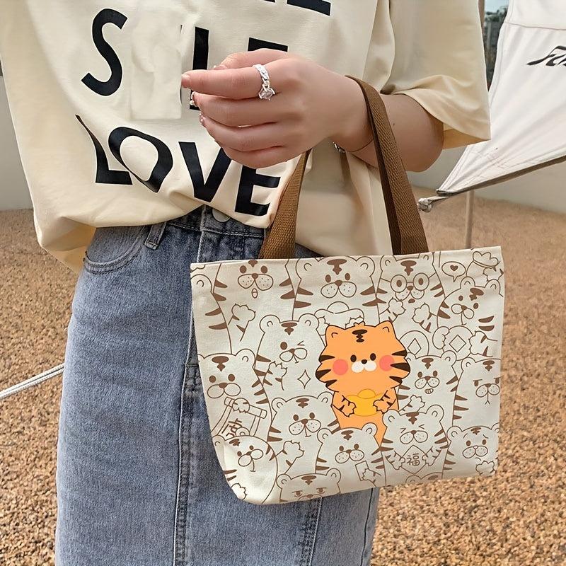 Small Cartoon Animals Printed Canvas Tote Bag Lightweight Handbag