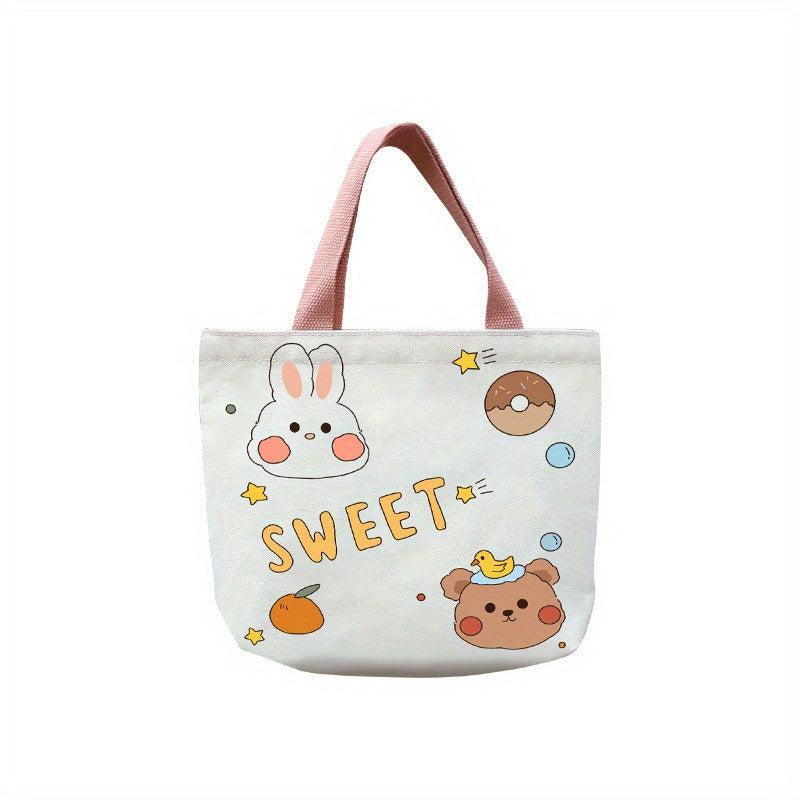 Small Cartoon Animals Printed Canvas Tote Bag Lightweight Handbag