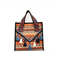Bohemian Tassel Decor Tote Bag Ethnic Style Canvas Handbag Zipper Purse