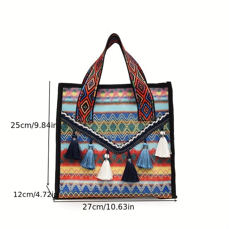 Bohemian Tassel Decor Tote Bag Ethnic Style Canvas Handbag Zipper Purse