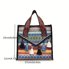 Bohemian Tassel Decor Tote Bag Ethnic Style Canvas Handbag Zipper Purse