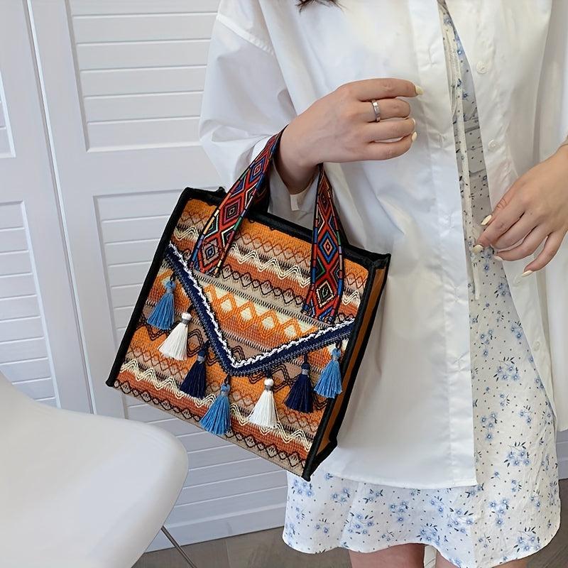 Bohemian Tassel Decor Tote Bag Ethnic Style Canvas Handbag Zipper Purse