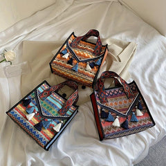 Bohemian Tassel Decor Tote Bag Ethnic Style Canvas Handbag Zipper Purse