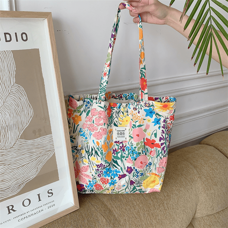 Flower Pattern Canvas Tote Bag Large Capacity Lightweight Shoulder Bag