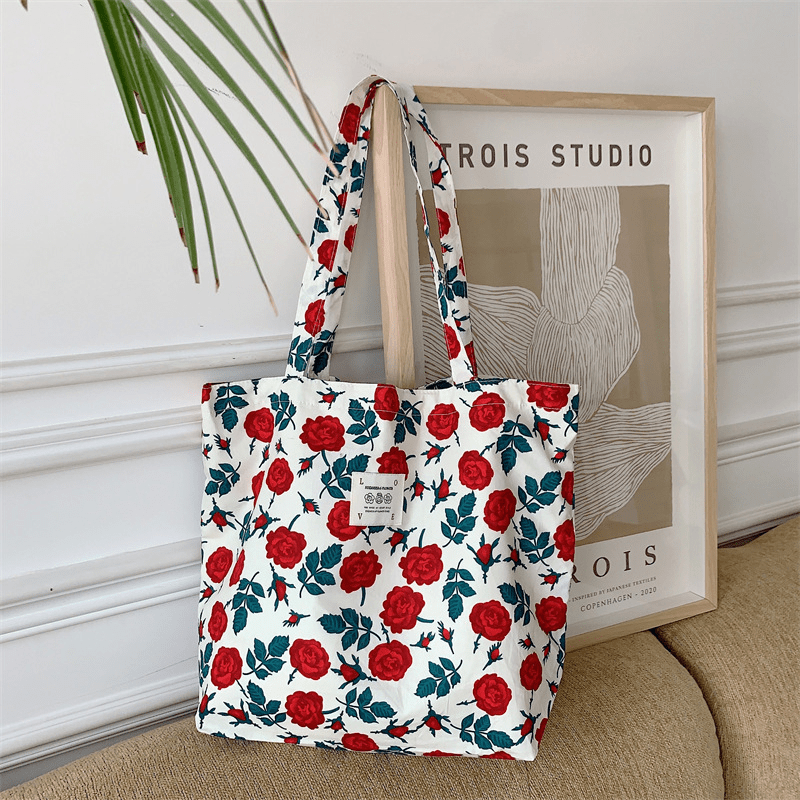 Flower Pattern Canvas Tote Bag Large Capacity Lightweight Shoulder Bag