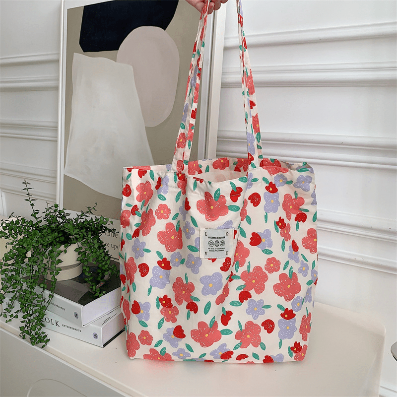Flower Pattern Canvas Tote Bag Large Capacity Lightweight Shoulder Bag