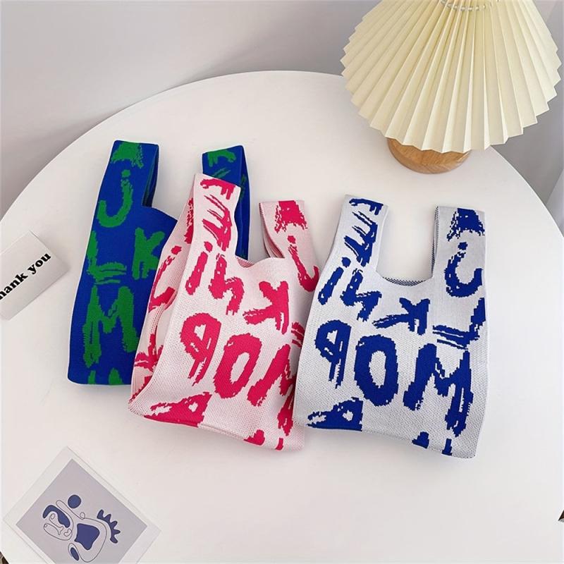 Casual Letter Decor Shoulder Bag Knitted Bag For Shopping