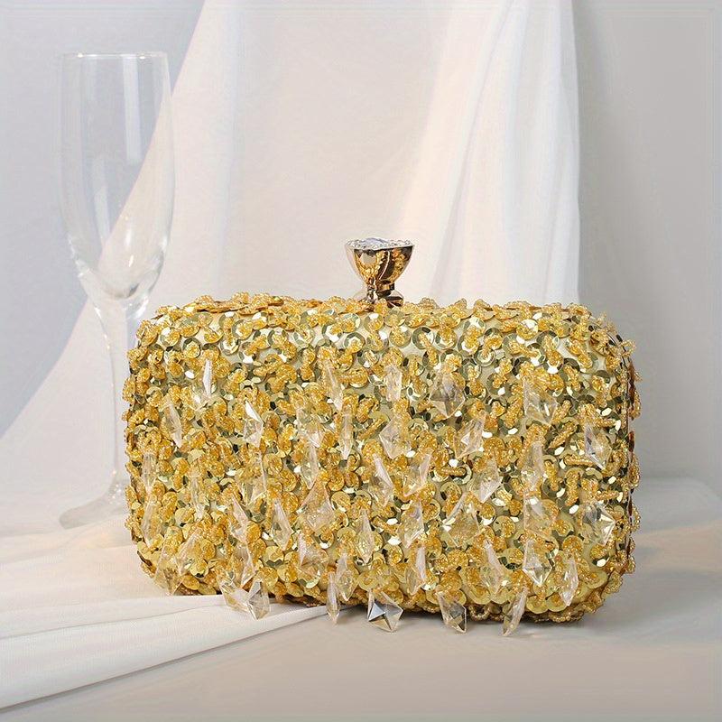 Beaded Sequins Evening Bag Box Clutch Purse for Wedding & Party