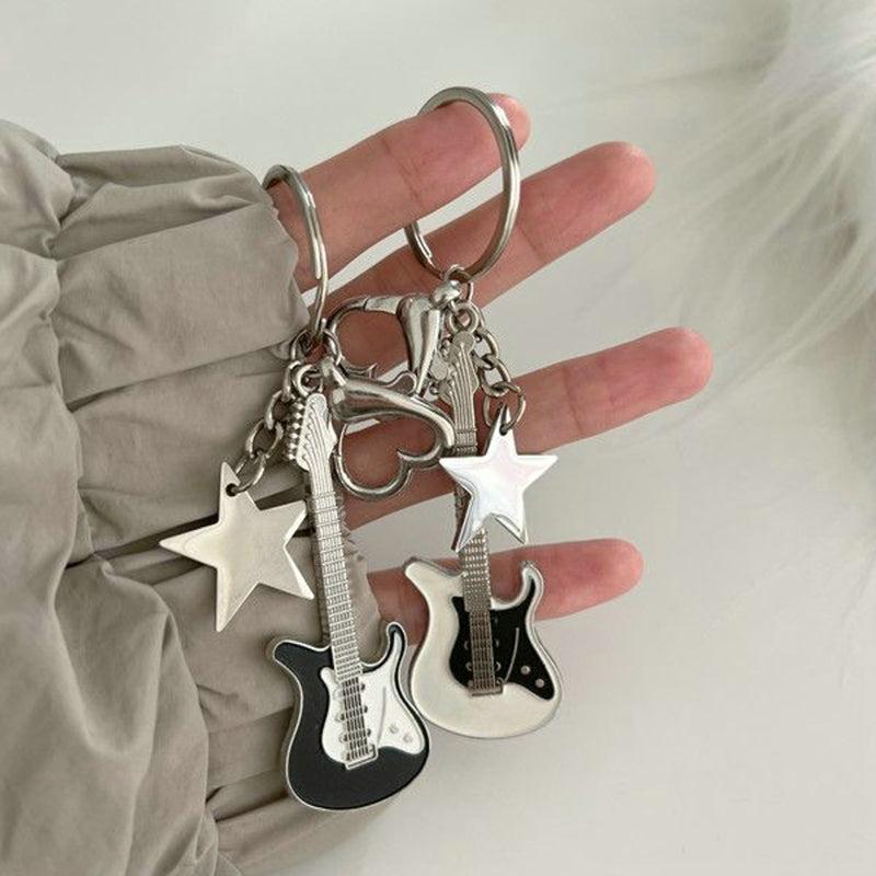 Y2K Guitar & Star Keychain Key Ring Rock Punk Handbag Car Charm Gift