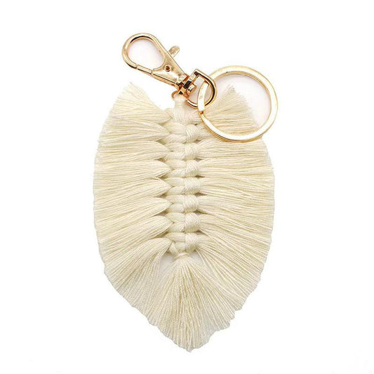 Braided Rainbow Tassel Keychain Boho Leaf Macrame Pendant Vintage Keyring
