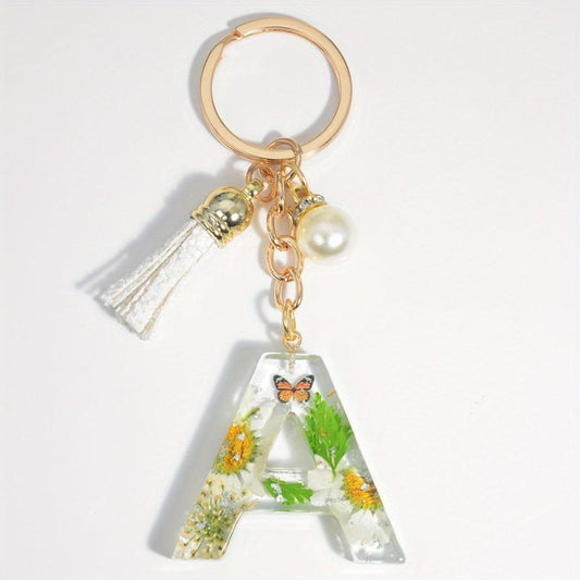 Daisy Initial Letter Keychain Faux Pearl Key Ring Bag Charm Women Gift