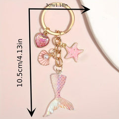 Starfish & Mermaid Tail Keychain - Metal Key Ring Purse Handbag Car Charm