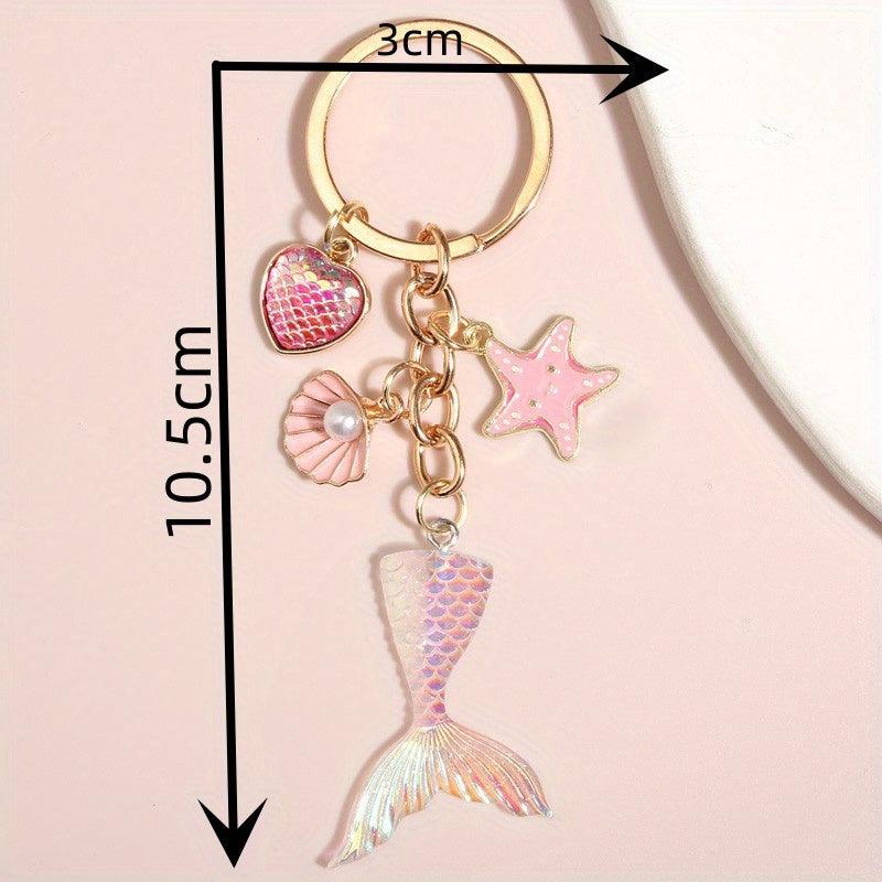 Starfish & Mermaid Tail Keychain - Metal Key Ring Purse Handbag Car Charm