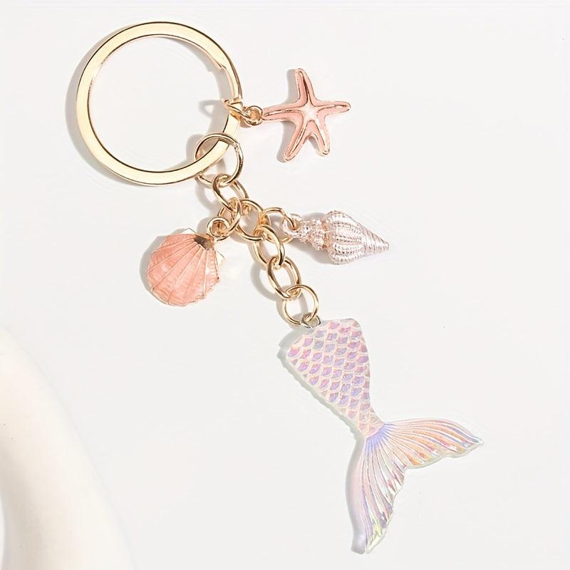 Starfish & Mermaid Tail Keychain - Metal Key Ring Purse Handbag Car Charm