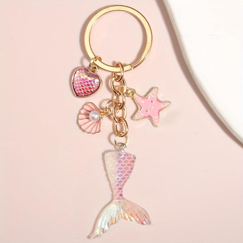 Starfish & Mermaid Tail Keychain - Metal Key Ring Purse Handbag Car Charm